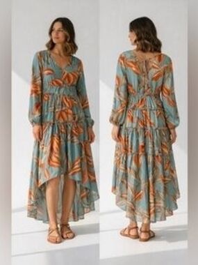 Tiered High-Low Maxi Dress in Blue with Orange Leaf Print NWOT
